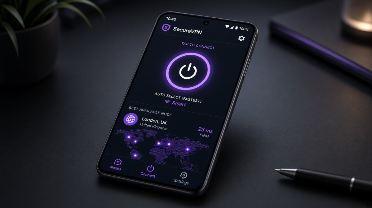 快连 APP 安装与节点列表界面示意
